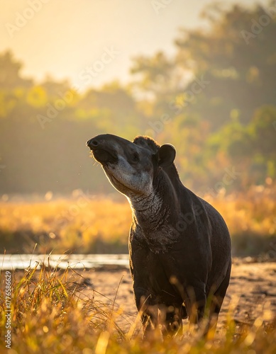 A tapir stands proud amidst golden marshland during the warm sunrise