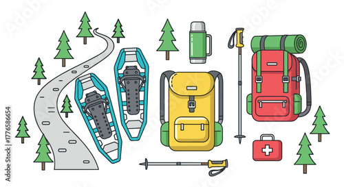 Hiking adventure essentials backpacks, snowshoes, and gear in a flat design