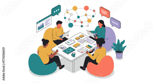 Team Collaboration: Four People Working Around Table.