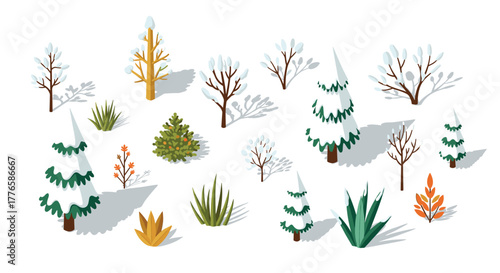 Isometric winter forest elements with snowy trees and shrubs