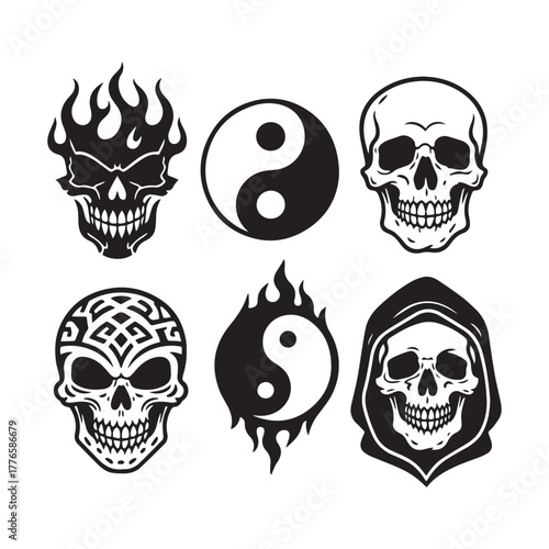 Set of Skull Tattoo Designs in Tribal, Realistic, and Symbolic Vector Styles.