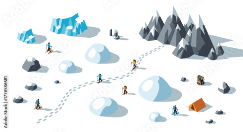 Isometric winter hiking scene with snowy landscape and mountains