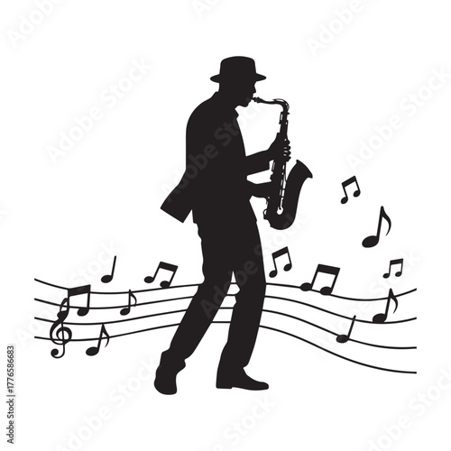 Silhouette of Jazz Musician Playing Saxophone on Flowing Musical Staff Vector Illustration. 