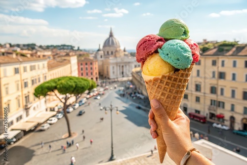 Hand holding ice cream cone with rome cityscape in the background on sunny day