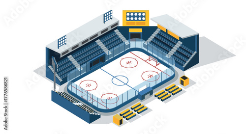 Isometric hockey arena with rink and seating in modern flat design