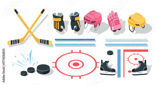 Colorful isometric hockey equipment set with sticks, helmets, and rink elements