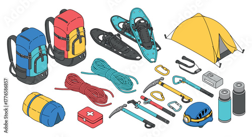 Outdoor adventure gear collection in isometric style with tent, backpacks, and winter equipment