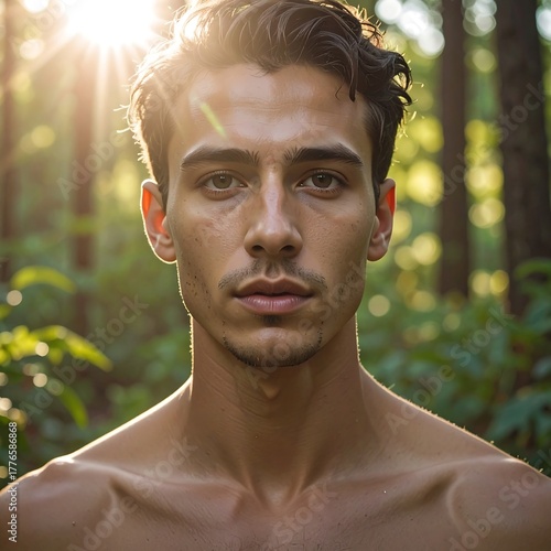 A thoughtful man in a sun-drenched forest scene