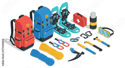 Essential isometric winter hiking gear with backpacks, snowshoes, and climbing equipment