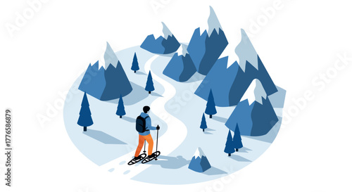 Winter trail adventure snowshoer amidst majestic alpine peaks