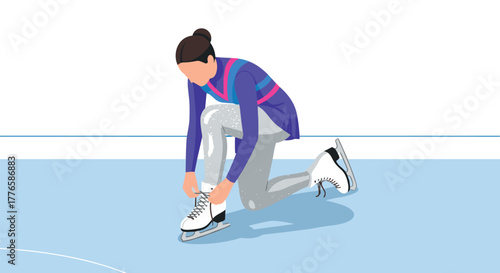 Figure skater tying laces on ice rink in minimalist style