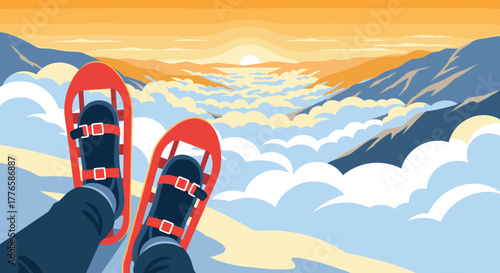 Adventurous journey in snowy mountains above clouds at sunrise