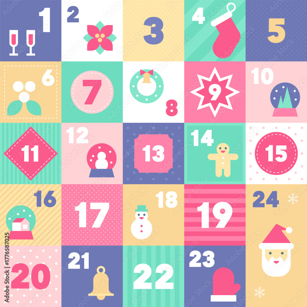 Fototapeta premium Pastel Soft Color Advent Calendar with Cute Christmas Icons and Gentle Playful Winter