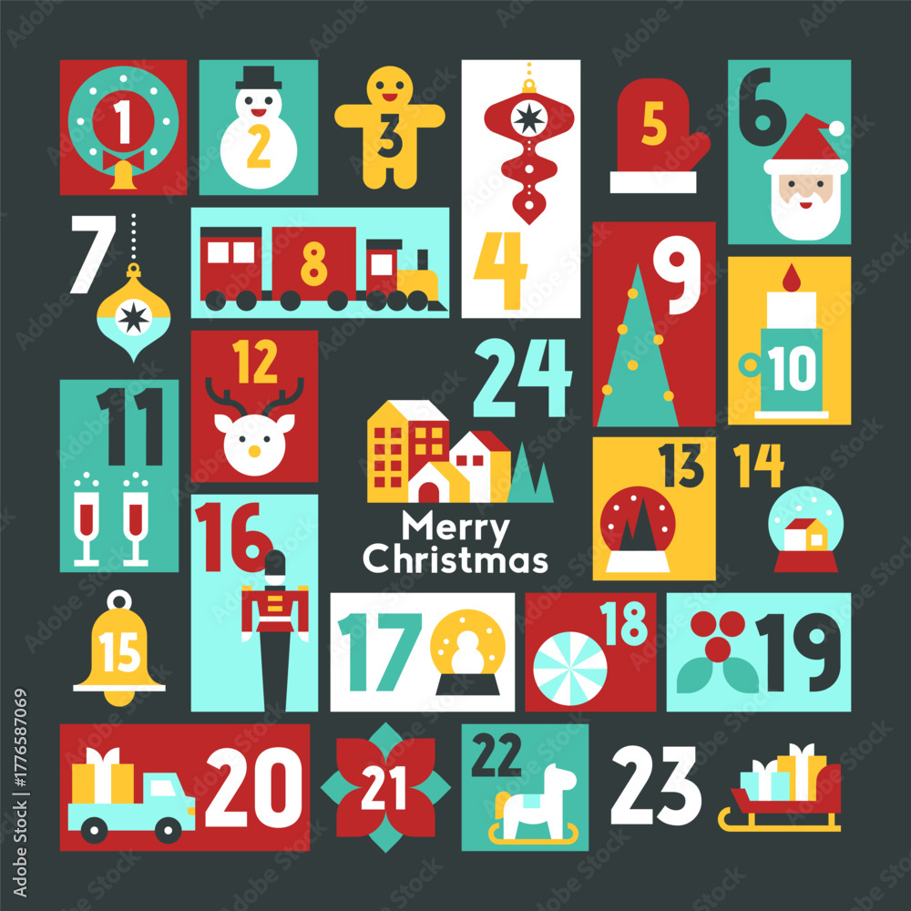Fototapeta premium Classic Christmas Village Advent Calendar with Retro Festive Icons Snowy Winter Holiday Scene