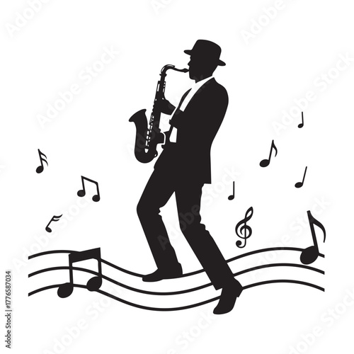 Silhouette of Jazz Musician Playing Saxophone on Flowing Musical Staff Vector Illustration. 