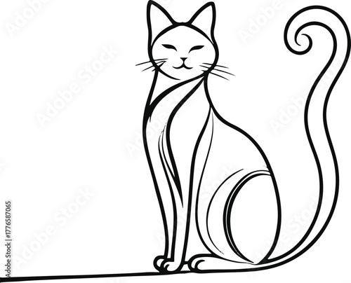 Bold line cat sitting gracefully, tail looping elegantly 3