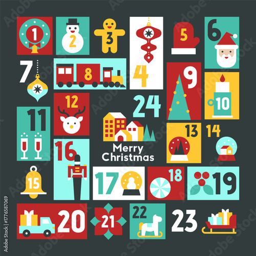 Classic Christmas Village Advent Calendar with Retro Festive Icons Snowy Winter Holiday Scene