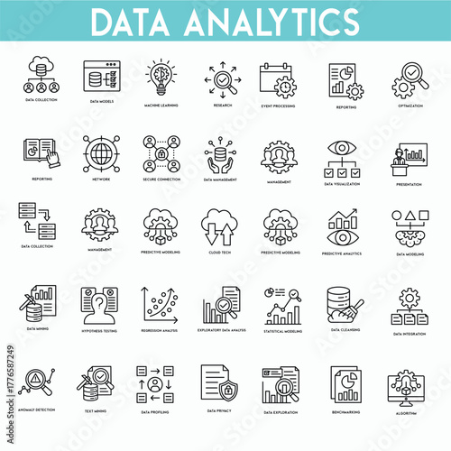 Modern data analytics icon set showing charts, graphs, metrics, and statistics.
