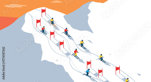 Isometric ski race vibrant athletes navigate gates on snowy mountain