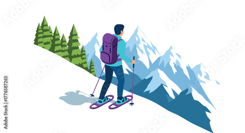 Adventurous hiker in snowy mountain landscape with colorful backpack