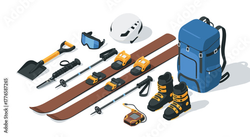 Essential winter sports equipment for skiing adventures in isometric style