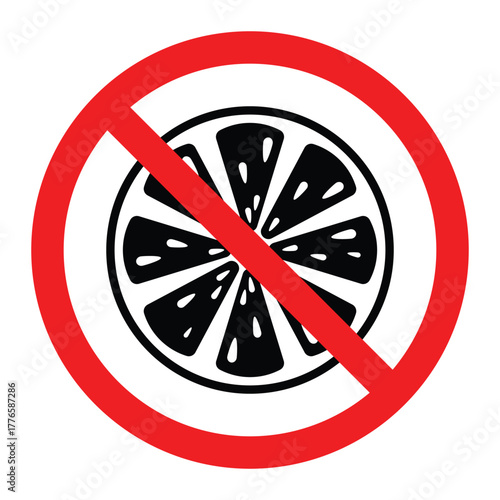 No lemon vector icon. Citrus fruit slice silhouette crossed with red prohibition circle. Food allergy or restricted fruit warning sign for packaging and safety labels.