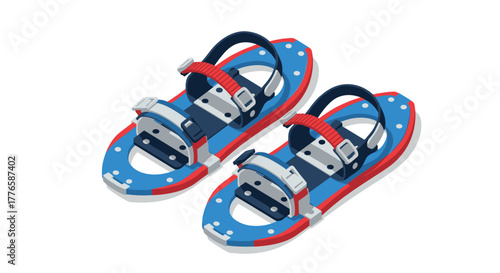 Isometric winter snowshoes on white background with red, blue, and gray design