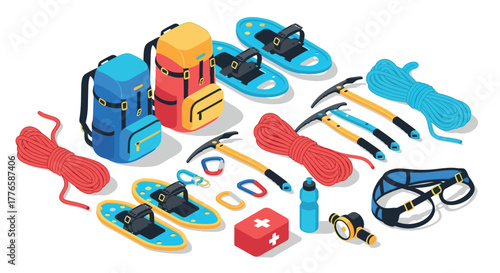 Winter hiking gear essentials for adventure enthusiasts in isometric style