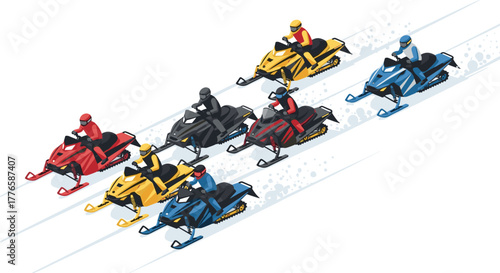 Thrilling race of colorful snowmobiles in action