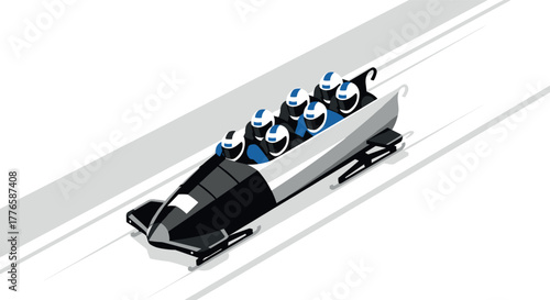Isometric bobsledding team racing downhill in winter sport competition track