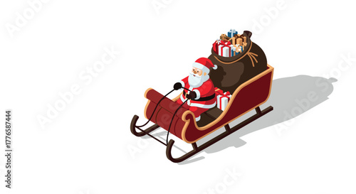 Isometric santa claus riding sleigh full of gifts on snowy christmas night