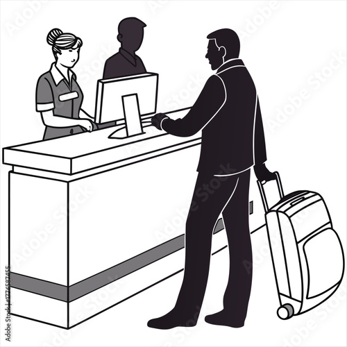 A man checking in at an airport counter with two employees standing behind the counter with luggage