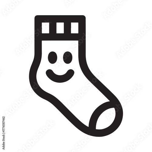 Simple line art icon of a sock with a smiley face