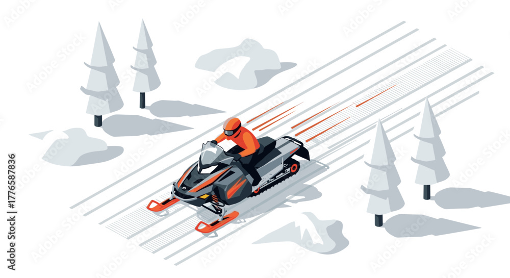 Fototapeta premium Isometric snowmobile adventure winter sports in a pristine snowy landscape