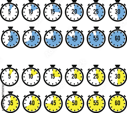 Collection of vintage stopwatch timers showing various time intervals from five minutes to fifty minutes in blue and yellow color schemes