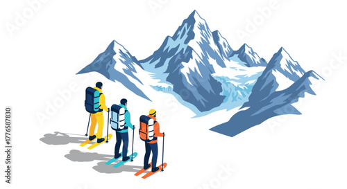 Skiers admiring snowy mountains in modern isometric design