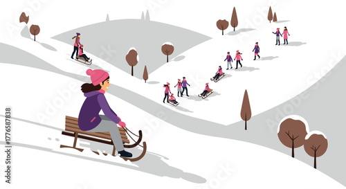 Winter fun in the snowy hills with sledding families and kids