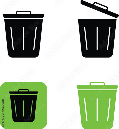 Set of four stylized trash can icons in black and green showcasing different perspectives and styles for waste management and recycling concepts
