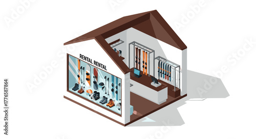 Isometric winter sports equipment rental shop with skis and snowboards