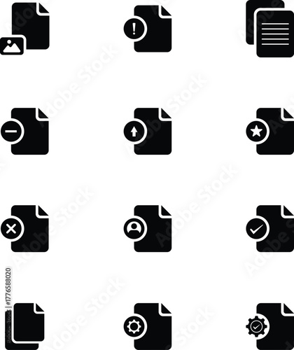 Collection of twelve black document icons representing various file operations and statuses on a white background ideal for digital interfaces and applications