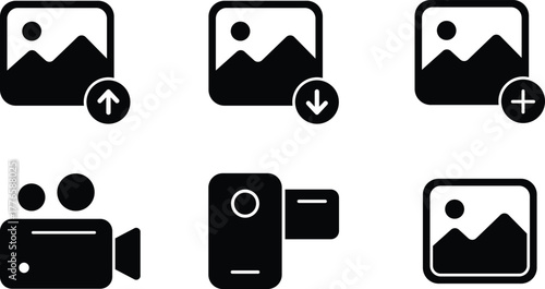 Collection of six black and white vector icons representing image and video media management and creation tools for digital platforms and applications