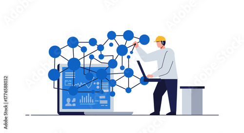 Engineer Analyzing Data Network on Laptop Computer.