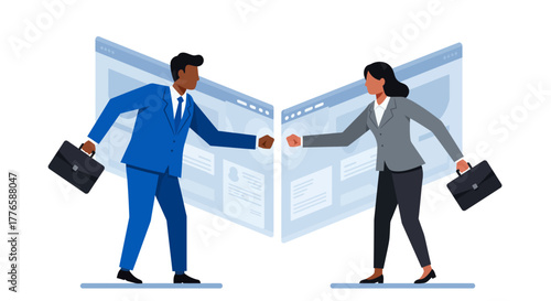 Business Professionals Fist Bumping Near Website Screens.