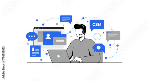 Customer Service Representative Working on Laptop with Headset.