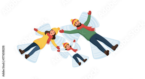 Family making snow angels on a winter day in colorful clothing