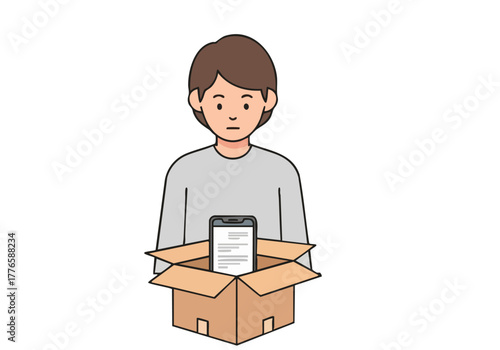 A young adult man examines a smartphone displaying a document within a cardboard box. He appears thoughtful. Modern illustration style.
