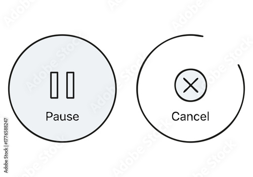 Clean app control icons: Pause, Cancel. Minimalist design, white background. Suitable for UI/UX design, mobile apps, digital interfaces. Modern, simple, clear.