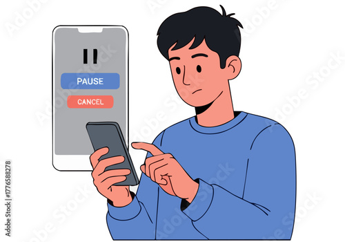A young man pauses a mobile game on his phone, displaying a pause screen. He looks thoughtful, conveying a moment of reflection. Clean, modern illustration style.