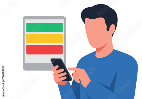 A man uses a tablet to manage tasks, with clear progress indicators. Modern, digital workflow illustration. Clean, professional design.