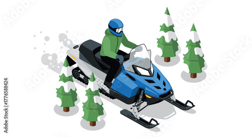 Isometric winter adventure snowmobile ride through pine trees